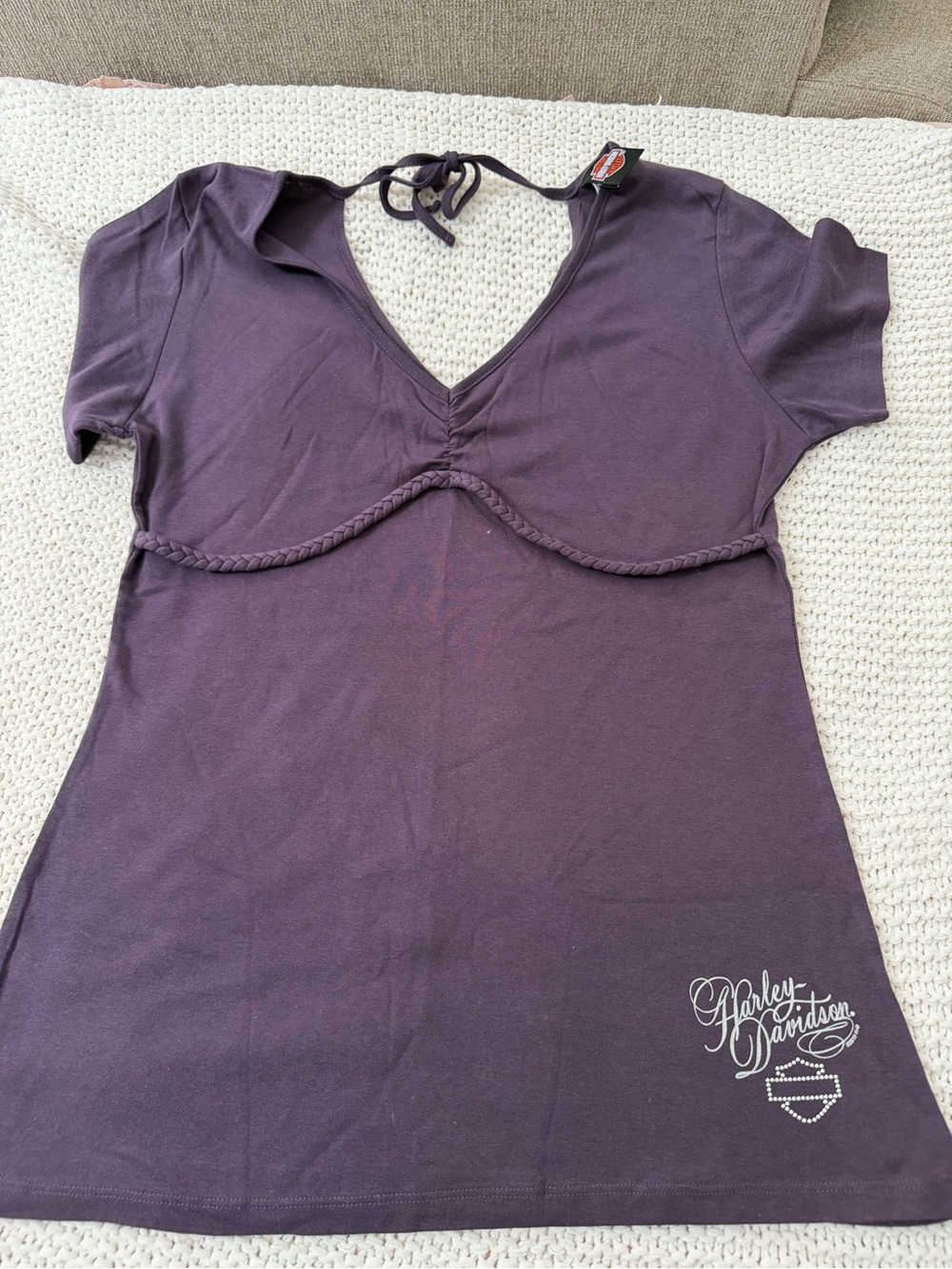 Harley-Davidson Purple Short Sleeve V-Neck Top with Braided Underbust